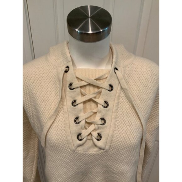 Madewell Cream Knit Hooded Sweater W/ Lace-Up Front, Size Medium - Picture 2 of 7